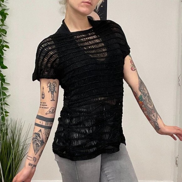 Chico's Oversize Crochet Knit Sweater Short Sleeve Size 2 Black - Picture 10 of 13